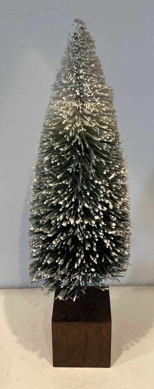 Flocked Snowy Pine Tree Christmas Village Real Wood Base 12” Tall Beautiful