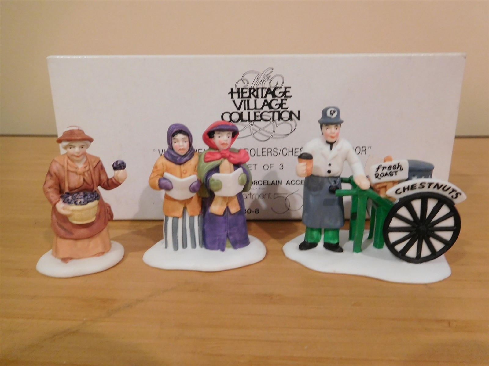 Dept 56 Dickens Village – Violet Vendor / Carolers / Chestnunt Vendor -Set of 3