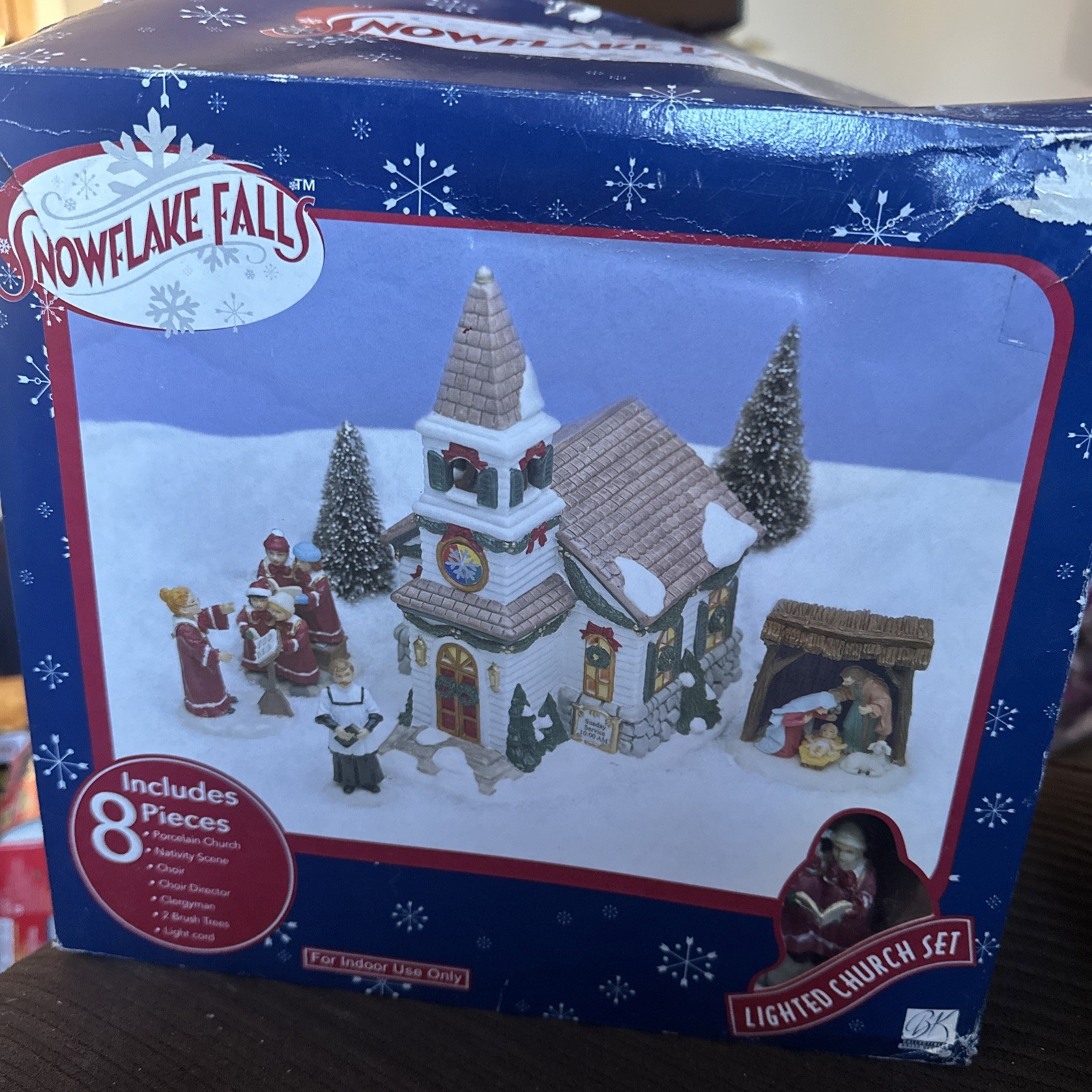 2002 SNOWFLAKE FALLS CHRISTMAS VILLAGE LIGHTED CHURCH SET 8 PCS