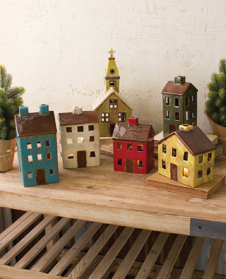 Colorful Village Tealight Ceramic Houses Church Christmas Holiday ~ Set Of 6