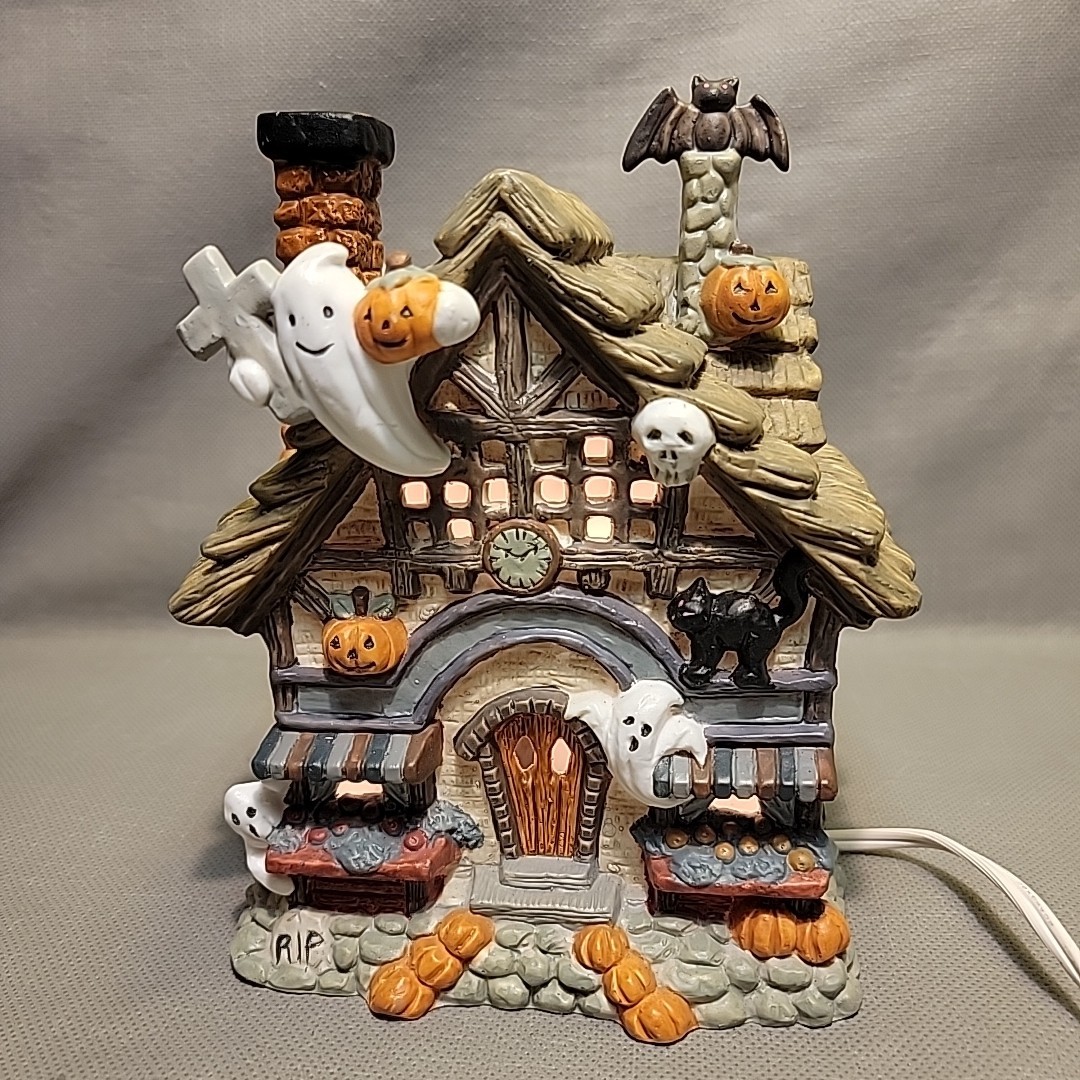 Vintage Ceramic Halloween Light-Up Haunted House Pumpkin Ghost Bat Black Cat RIP