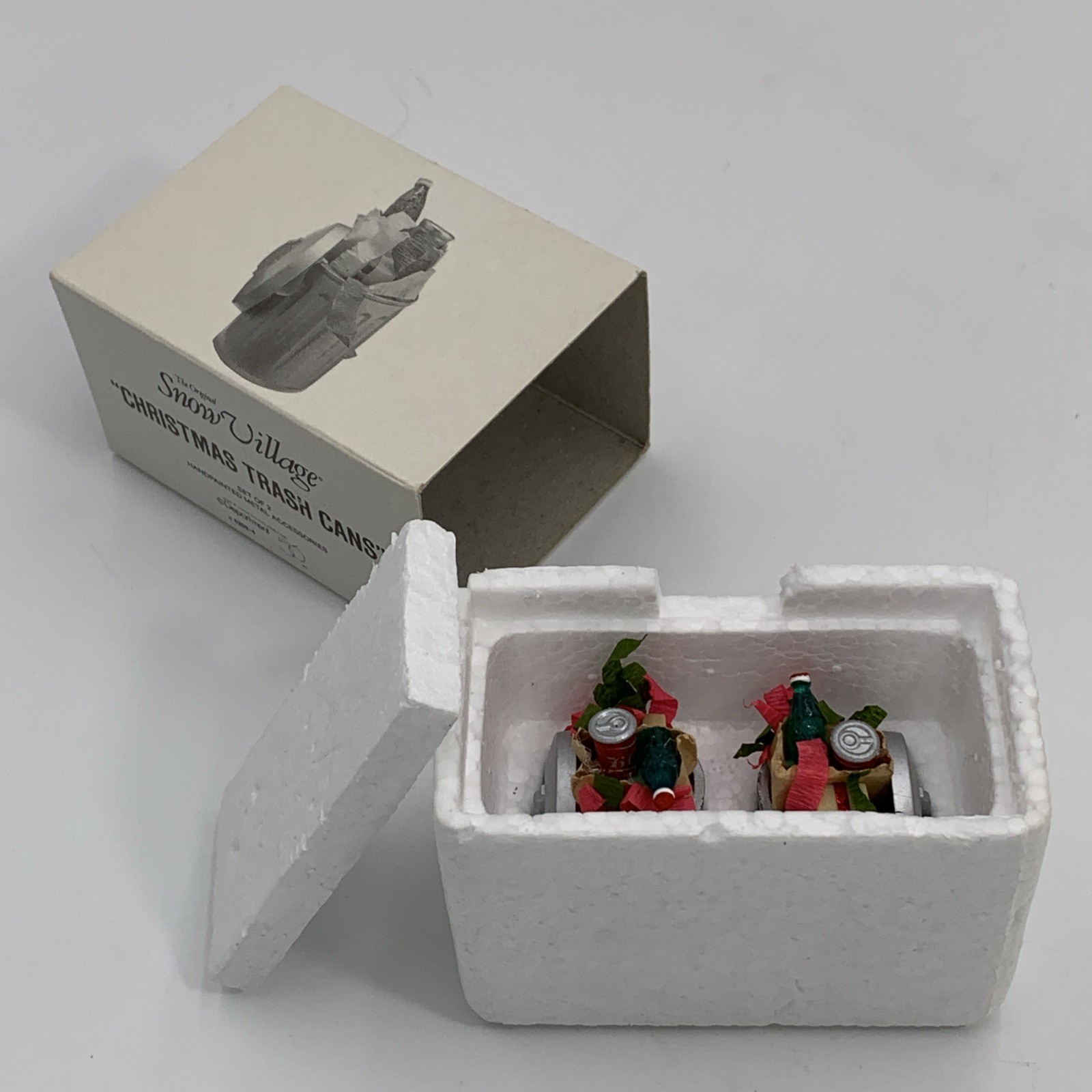 Dept 56 Snow Village Set of 2 Christmas Metal Trash Cans Hand Painted 5209-4
