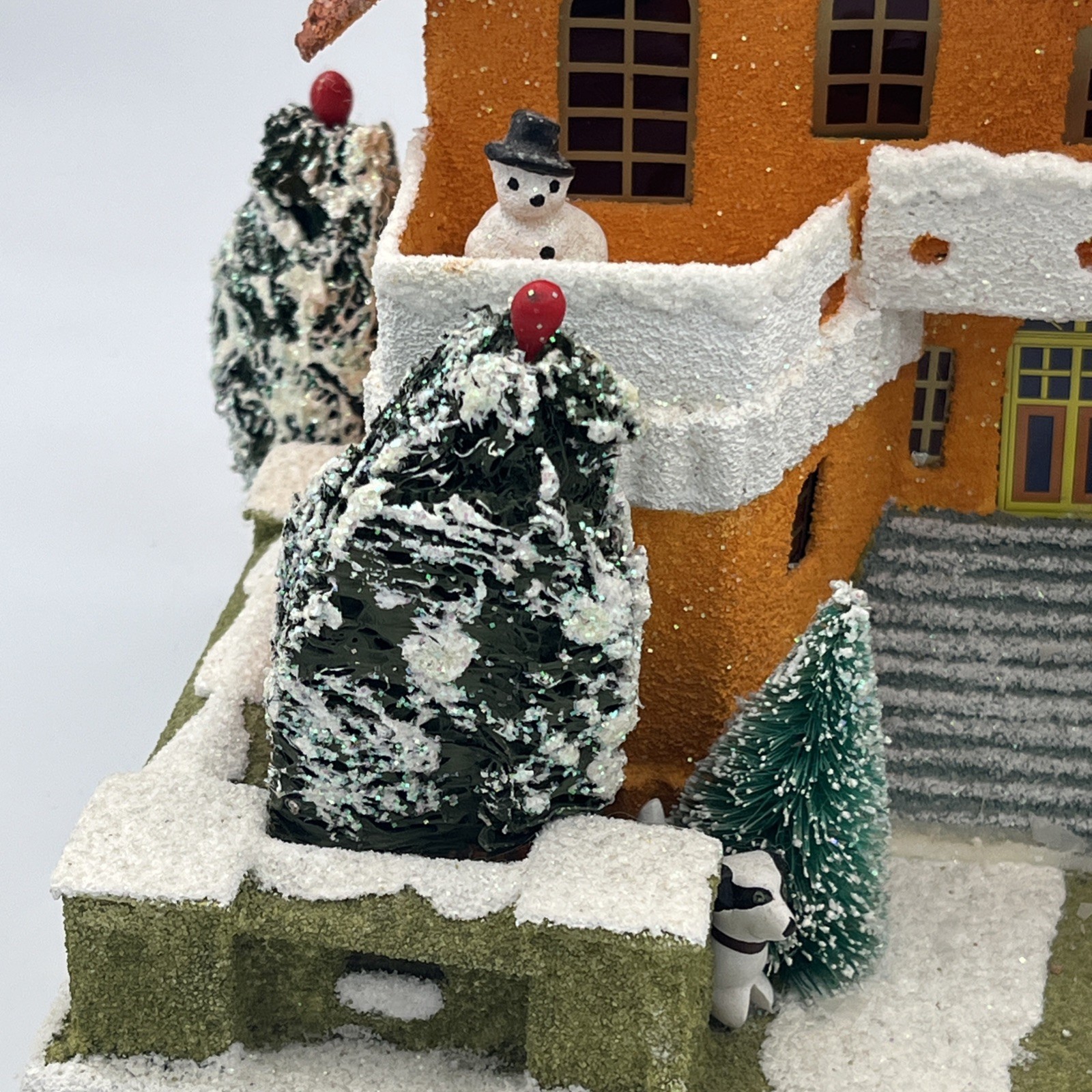 Christopher Radko Shiny Brite Orange Mansion Putz House Snowman Dog Balconies