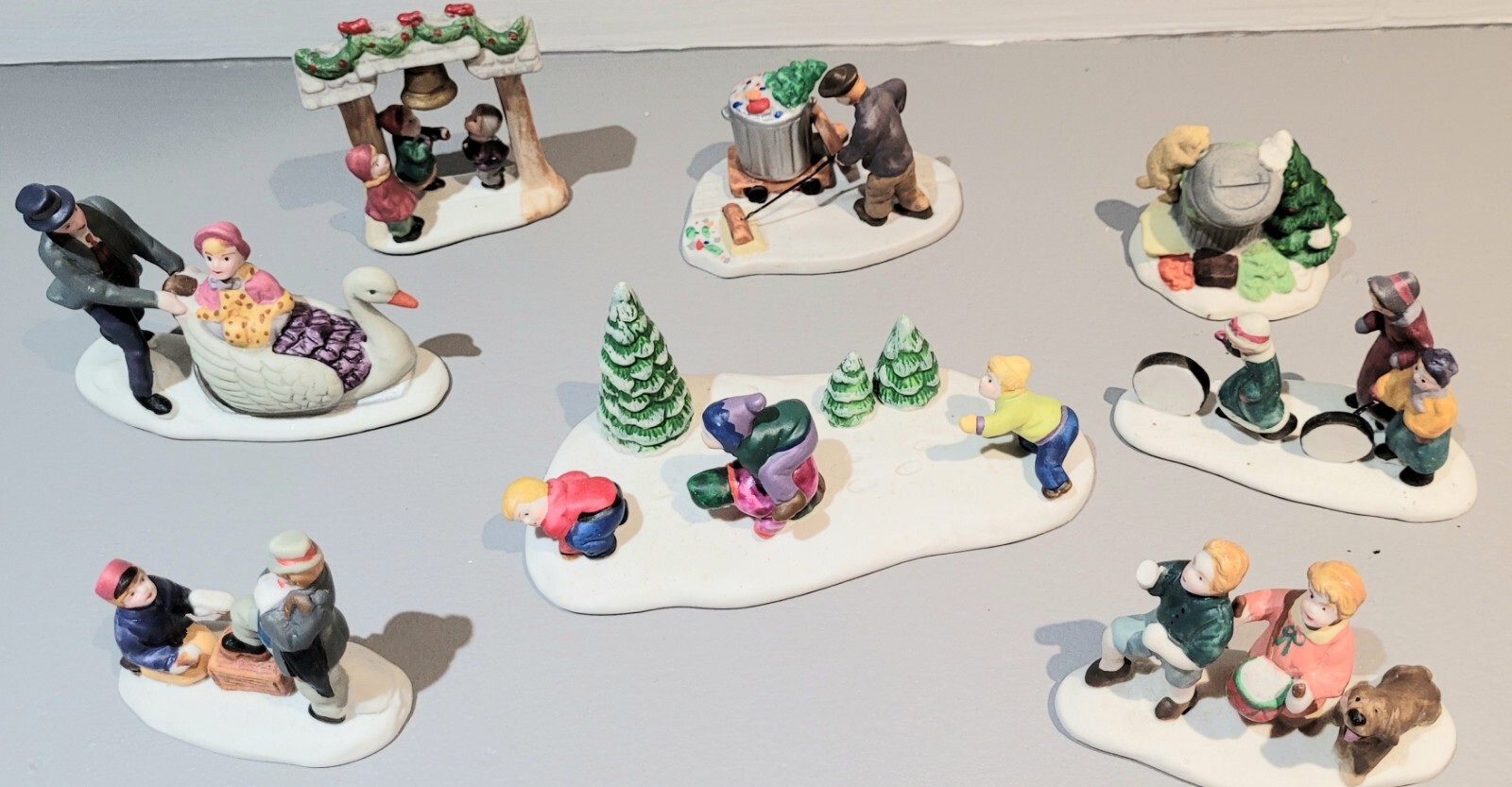 Vtg Porcelain Christmas Village People Figures Dog Cat Kids Skaters Accessories