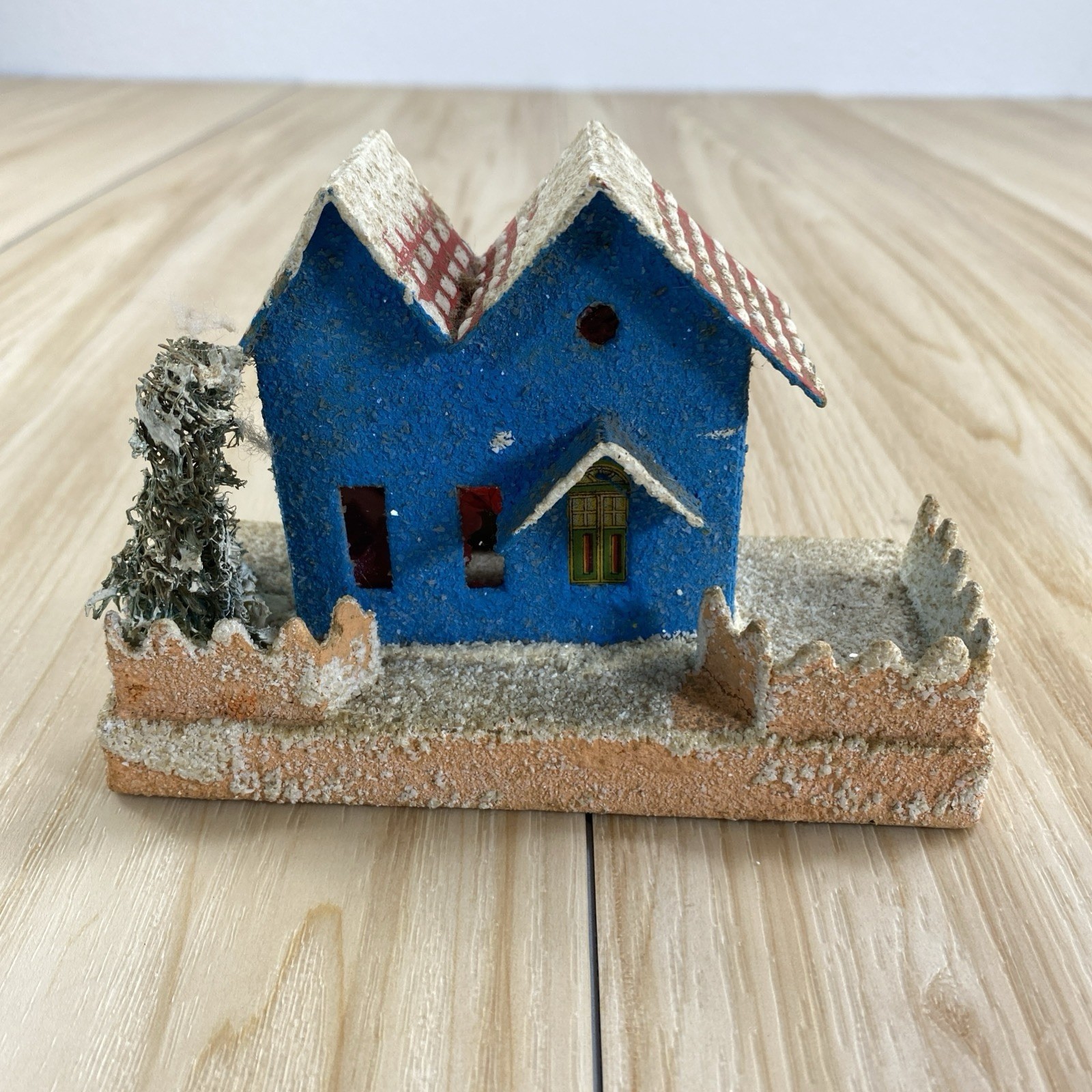 Vintage Putz Christmas Village Blue House Japan Coconut Mica Glitter Fence