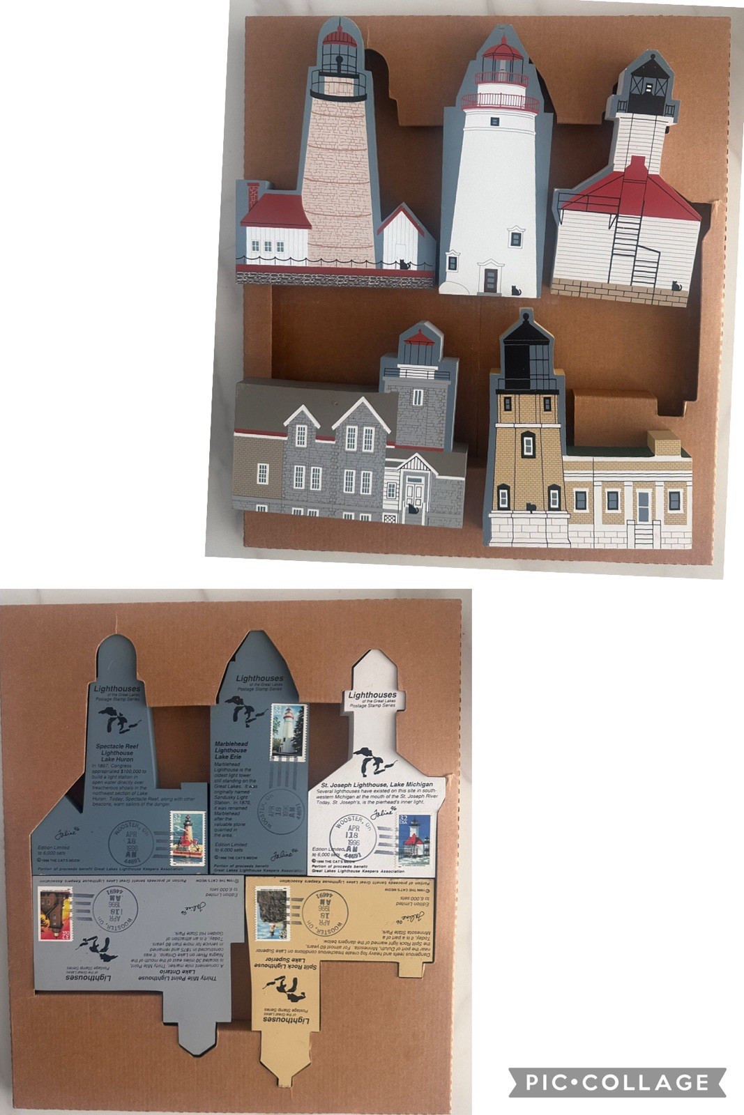 5 – 1996 Cats Meow Great Lakes Lighthouse Keepers Assoc. Woodblocks w/ Stamps