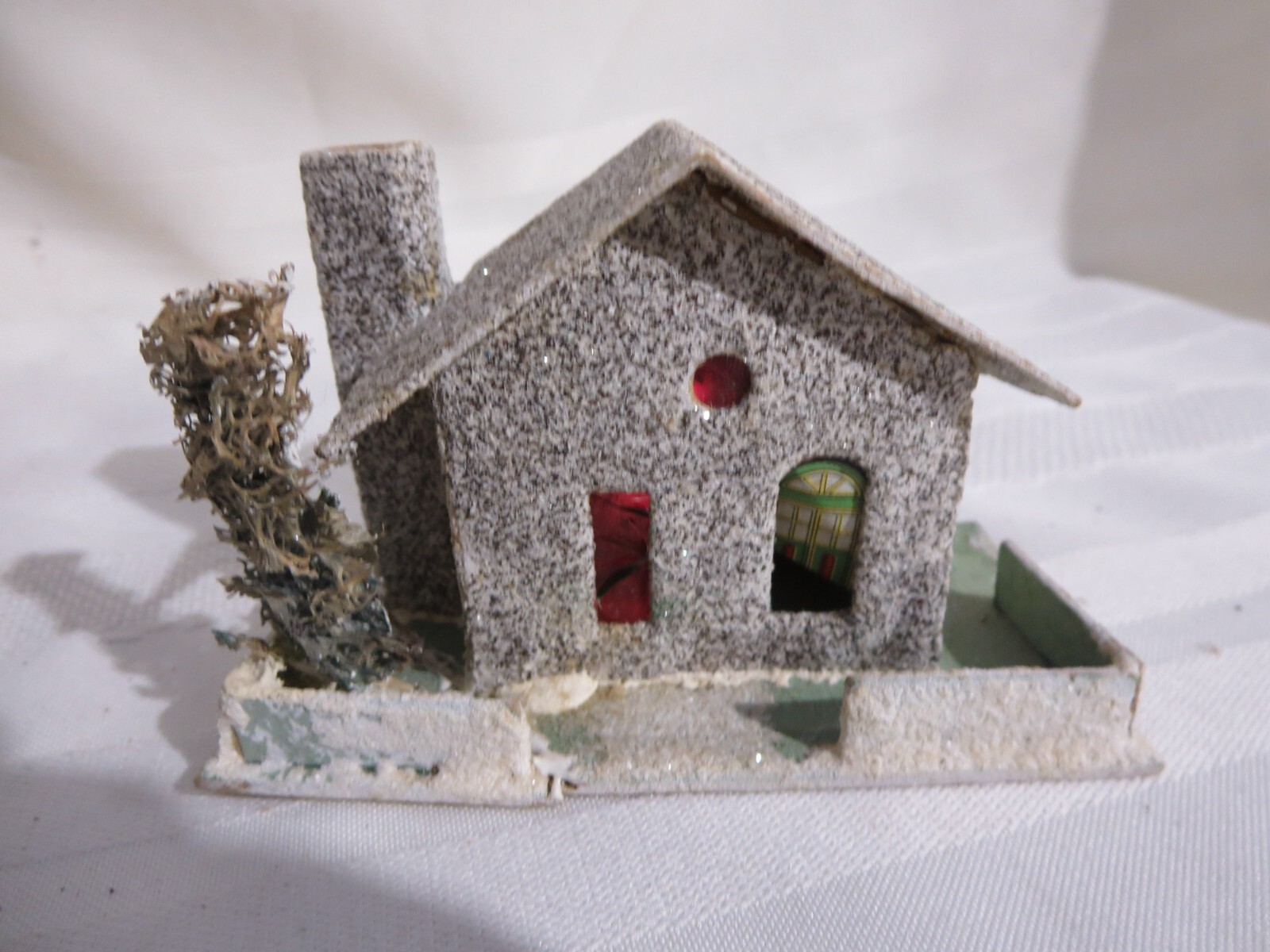 Vintage Christmas Putz Type Grey House Tree Glitter Fence