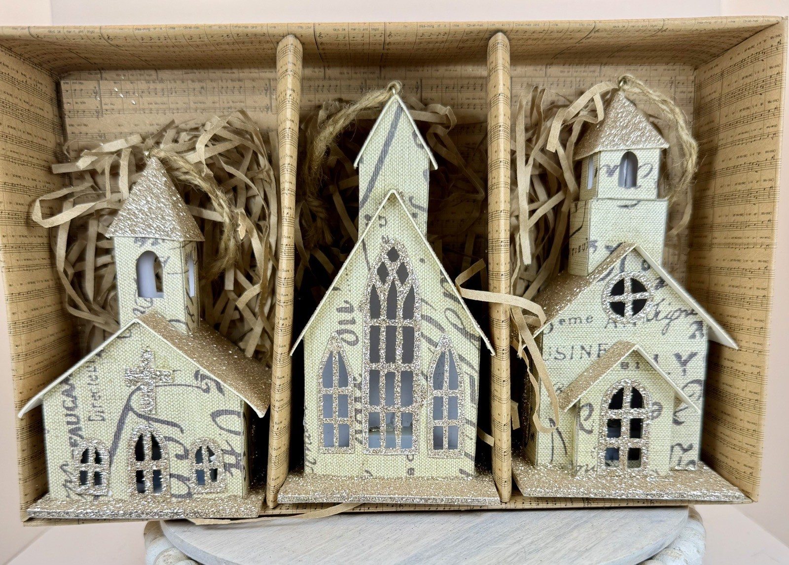 Christmas Church Ornament Light Up Set Of 3 Cardboard Glitter Decor