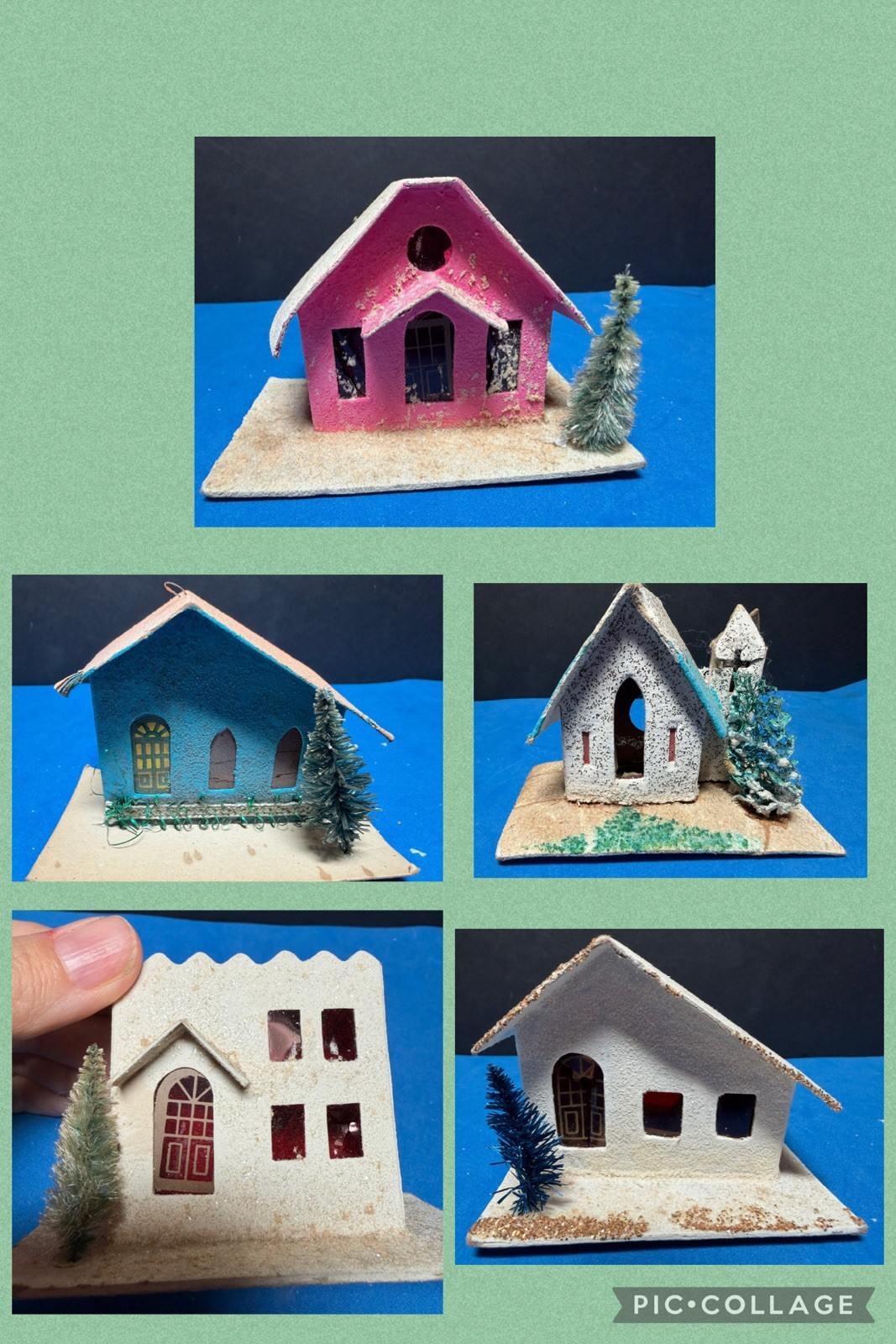 Vtg 1950s Mini Putz Houses JAPAN Christmas Village Cardboard Mica Trees Lot of 5