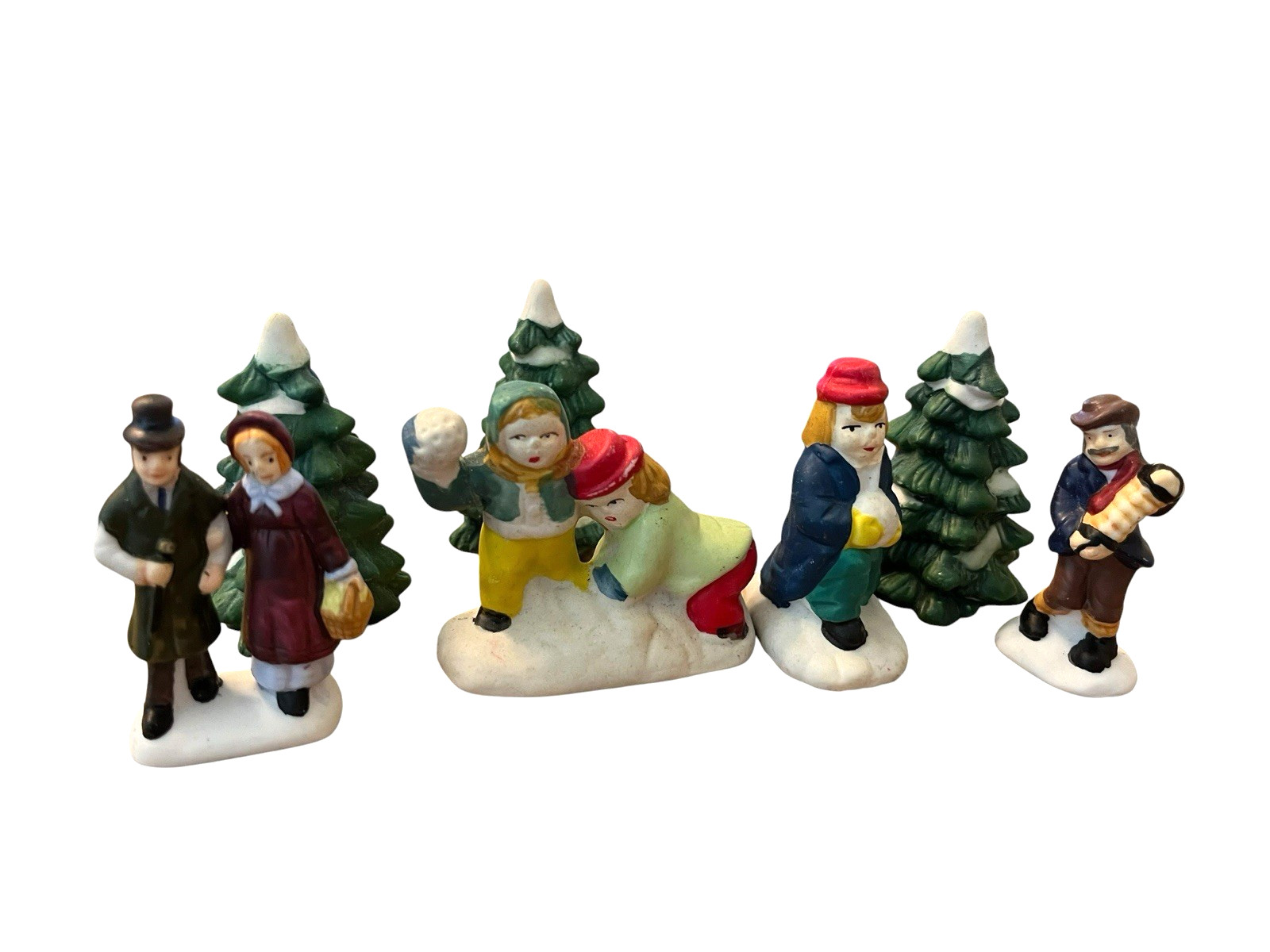 Miniature Village Victorian People Kids Snow Christmas Trees Ceramic Lot of 7