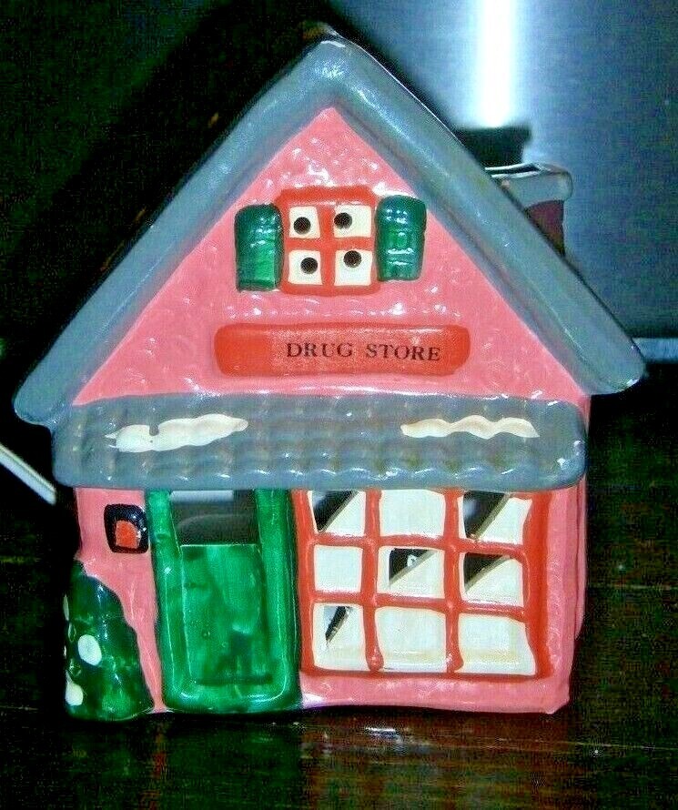 Vtg PINK Light Up Ceramic Christmas House-COTTAGE-DRUG STORE-RARE-1960’S