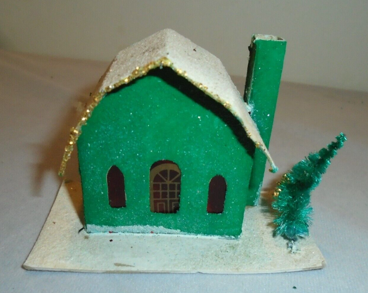 Christmas Cottages Glitter Cardboard Tree 2.75″ Tall 4″x2″ Bottom VTG FREE SHIP