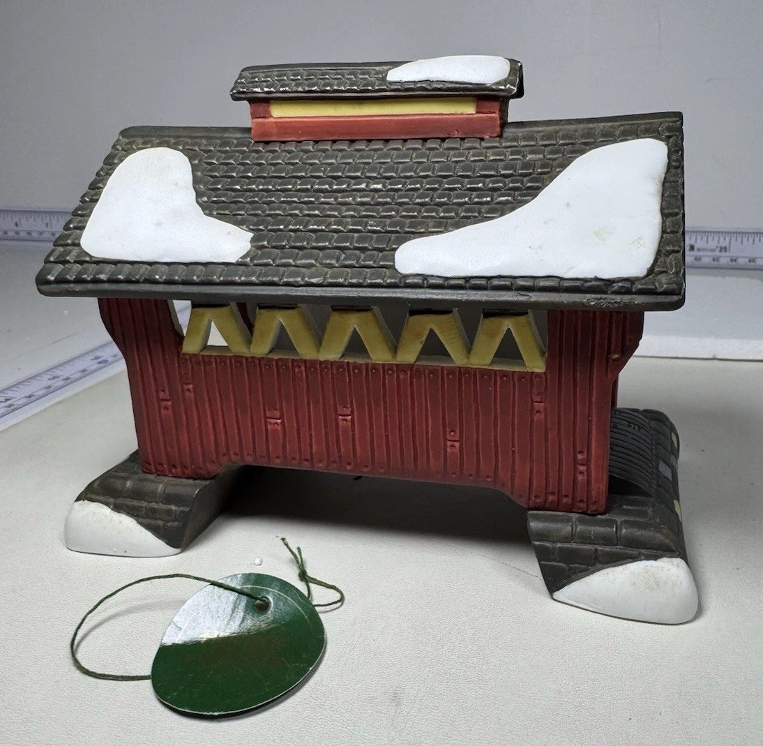 Dept 56 Heritage 2 Lot- Village Porcelain Pine Large Tree & Red Covered Bridge