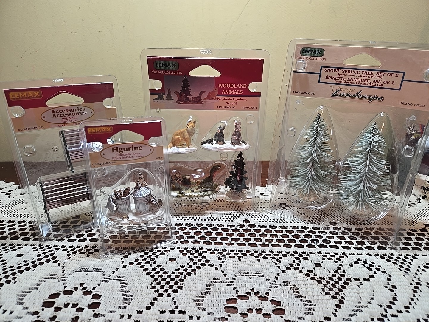 4 Lemax Village ~ Woodland Animals, Trash Bandits, 2 Park Benches, Spruce Trees