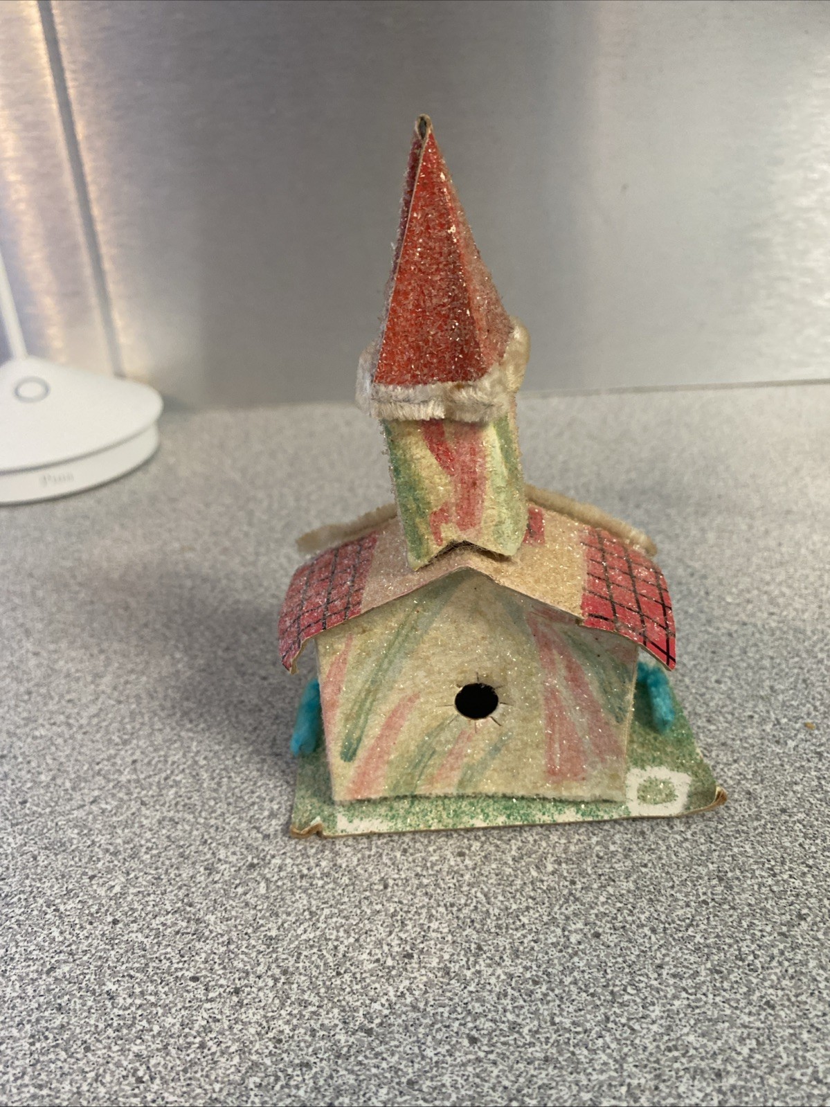 Nice Putz House + 5.5” Tall Glitter Church w/Pipe Cleaner Trim – Needs Some TLC