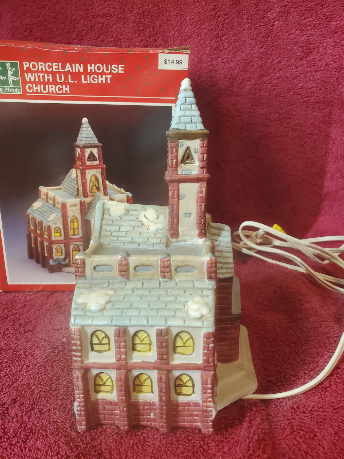Holiday Magic Porcelain Church With Steeple 8″ W/Box W/Lighting