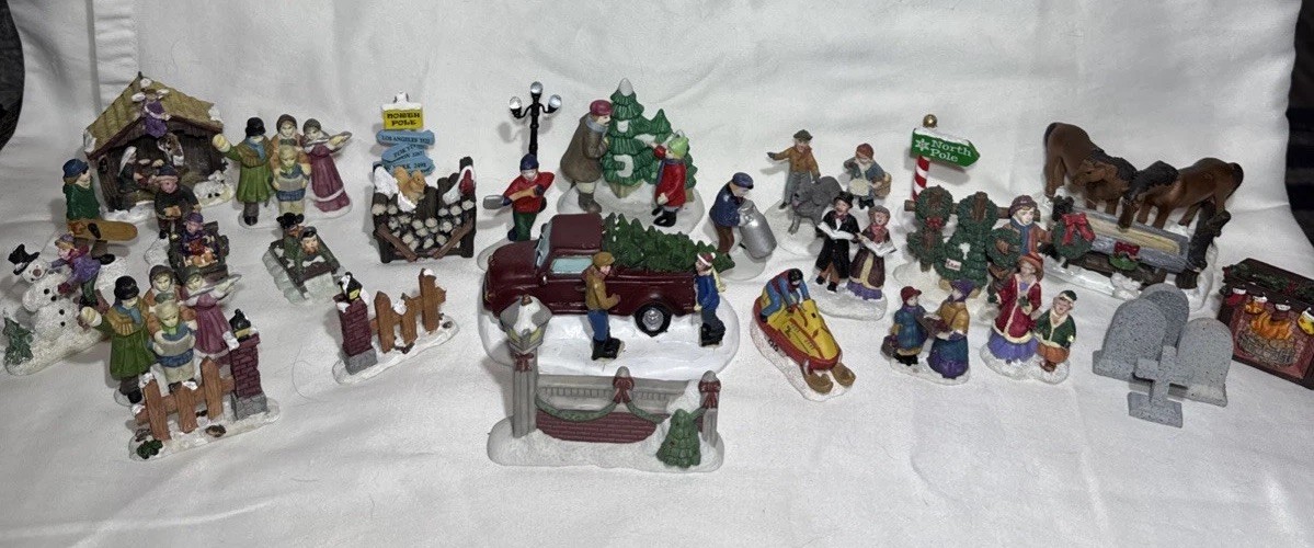 Large Vintage Christmas Village Accessories Lot 30 Pieces People Animals & More!