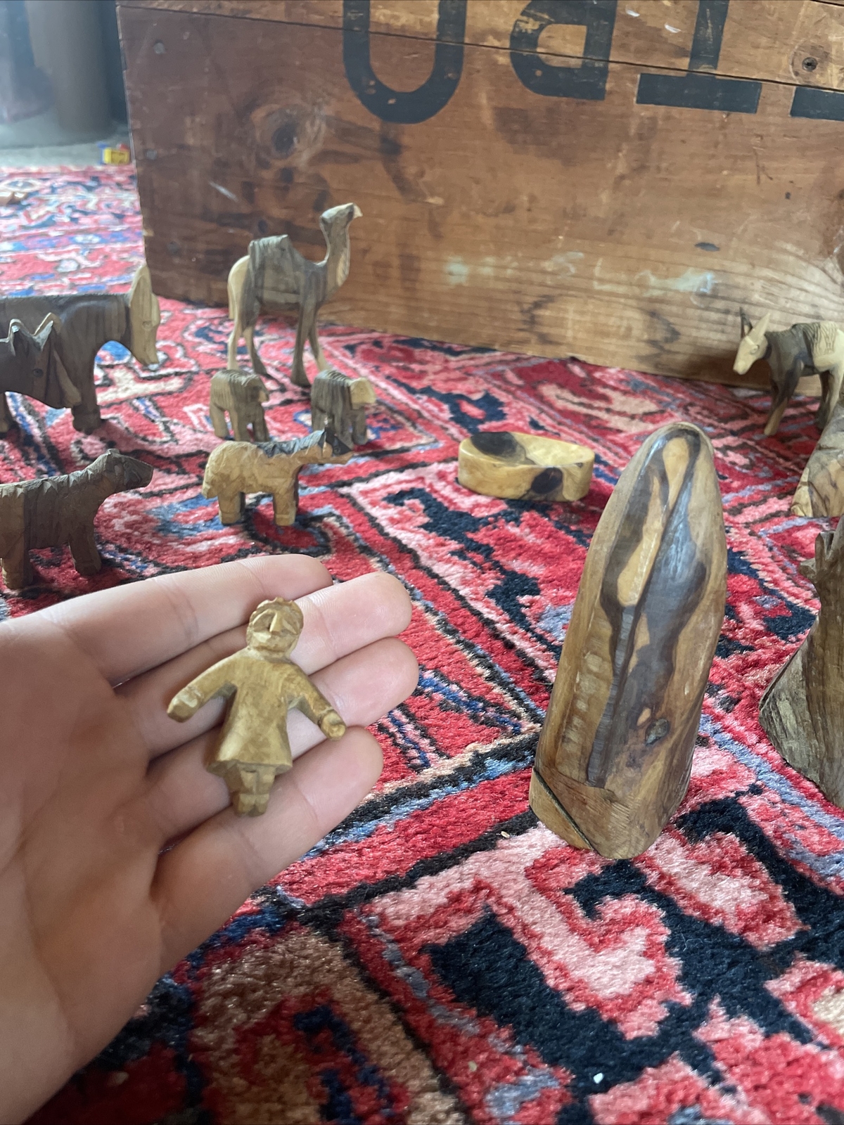 Vtg MCM Hand Carved Nativity Set 17 Piece Wood Set Animals 3 Kings Baby Jesus
