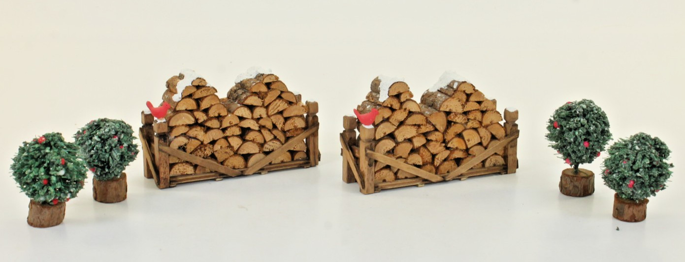 Department 56 Village Accessories Lot Wood Piles w/Cardinals Topiaries