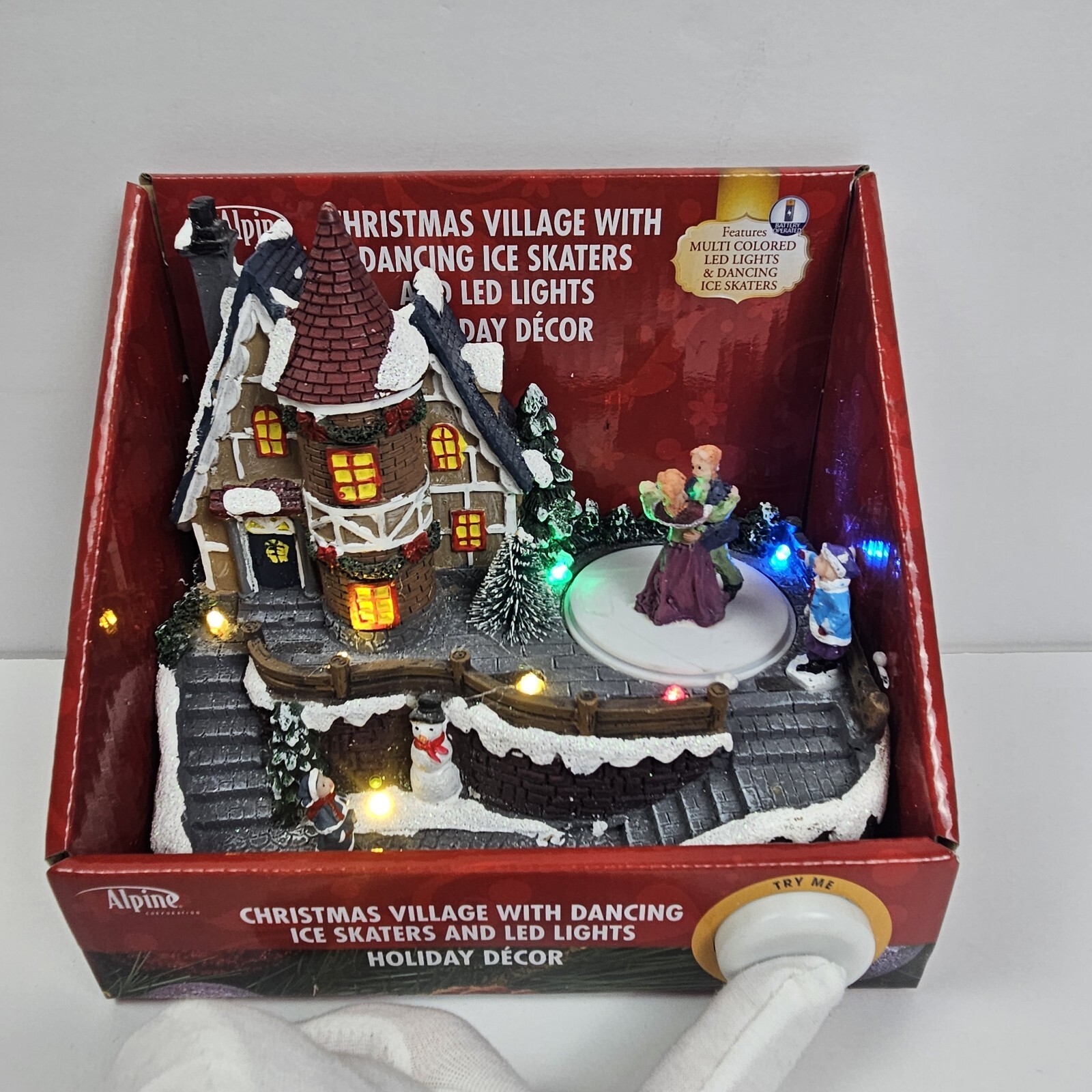 Indoor Christmas Village with Dancing Ice Skaters and LED Lights Alpine Corp NIB