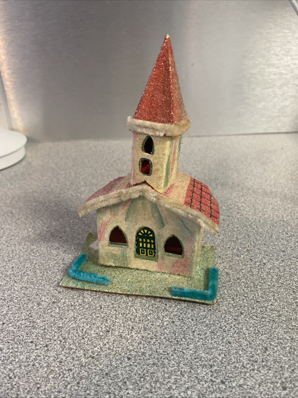 Nice Putz House + 5.5” Tall Glitter Church w/Pipe Cleaner Trim – Needs Some TLC