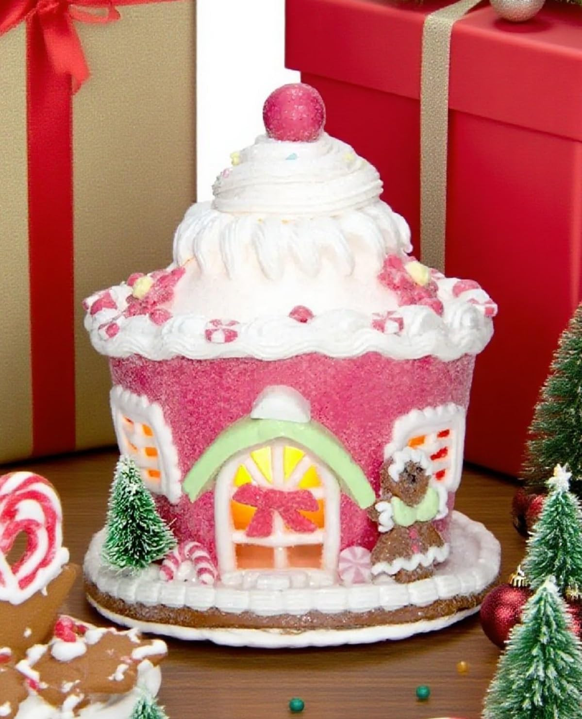 Pink Christmas Gingerbread House Decor, Light Up Gingerbread House Xmas Village