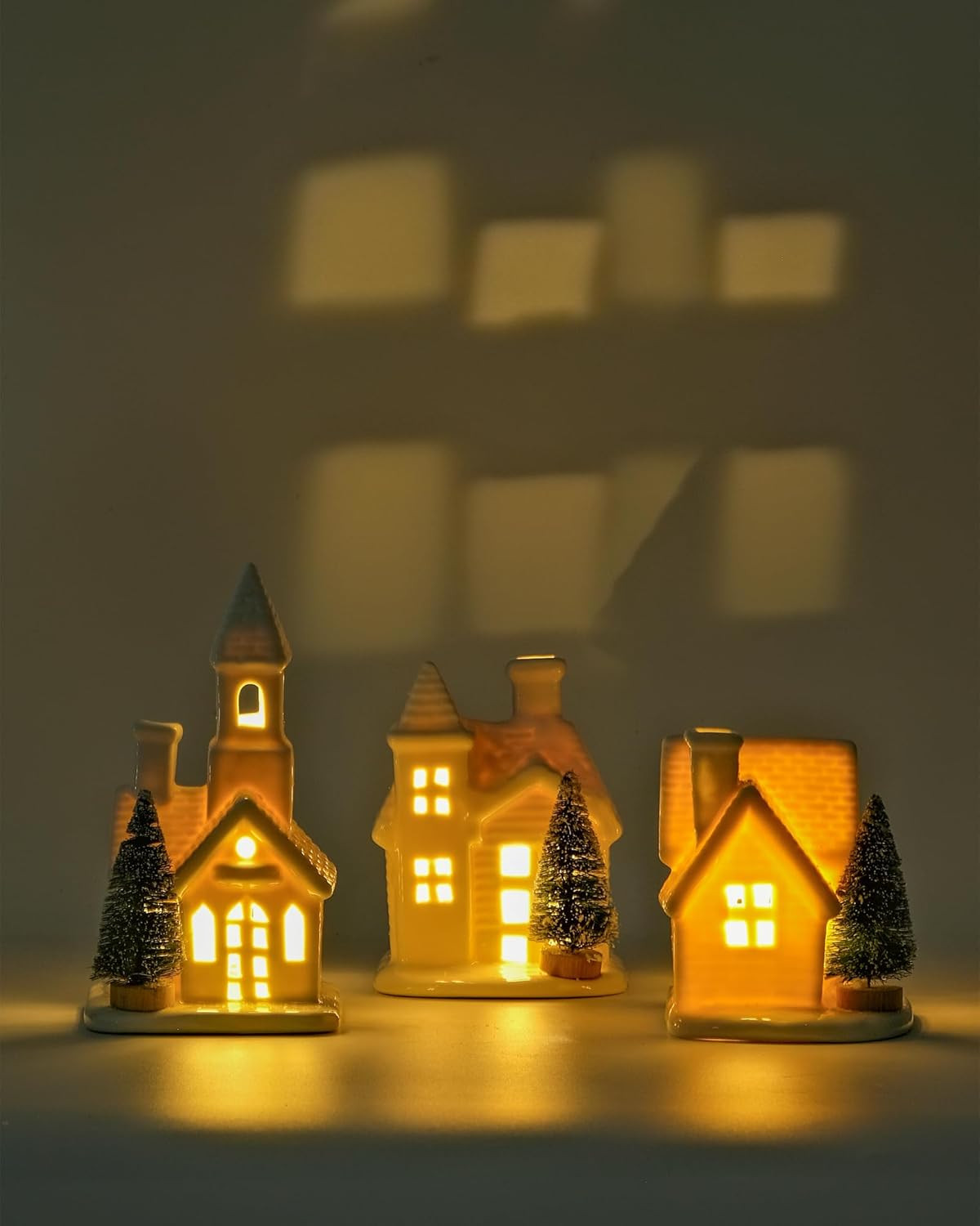 Light up Christmas Decor Ceramic Village Houses, 3Pcs White Christmas Porcelain