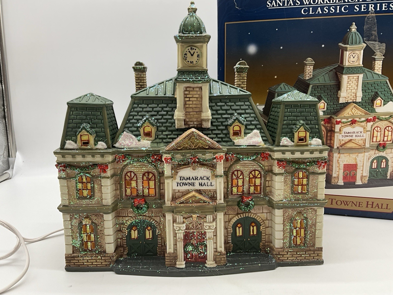 Santa’s Workbench Collection “Tamarack Towne Hall” Porcelain VTG Christmas House