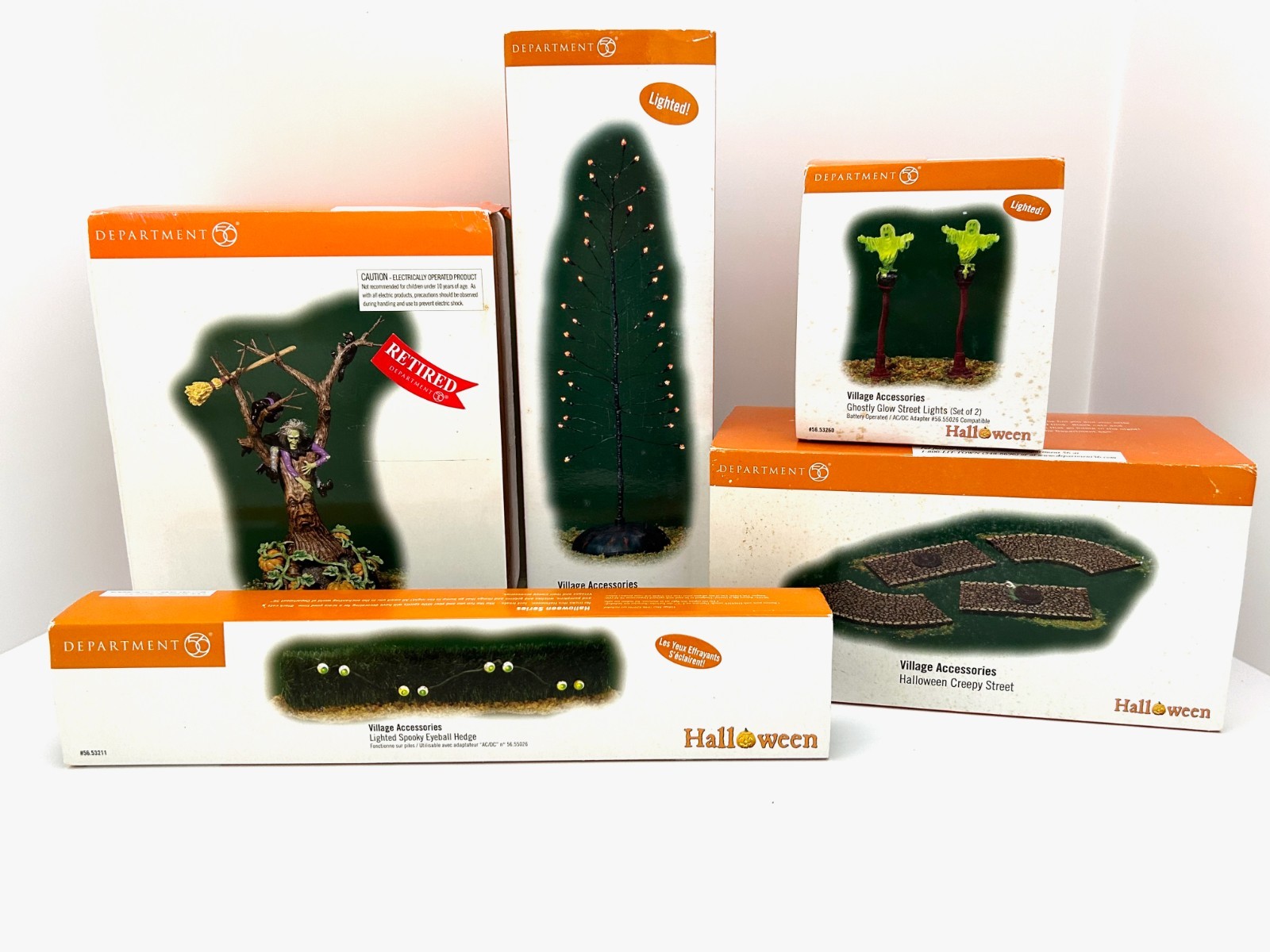 Lot 5 Vtg Dept 56 Halloween Village Accessories Creepy Street Witch Crash + More