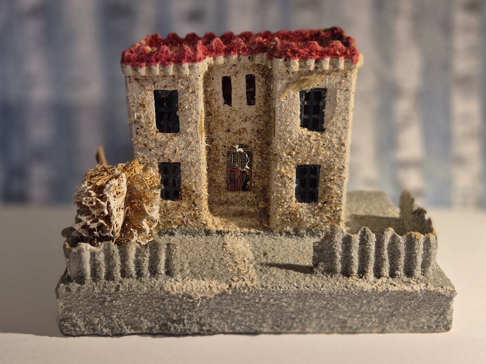 Vintage Putz House Christmas Cardboard Tree Fence Glitter House