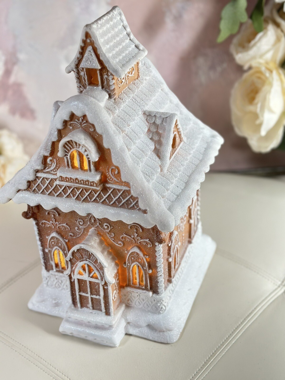 Christmas LED 13”Gingerbread Victorian House W/Beautiful Lace Swirls Frosted NEW