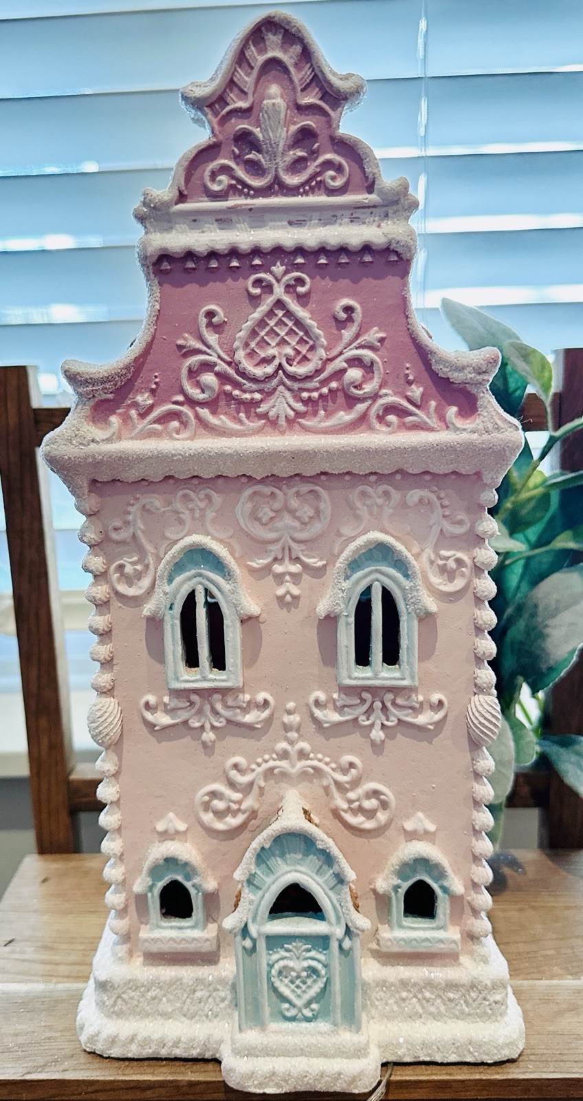 New Lace Stunning Pastel Pink Gingerbread Victorian House Christmas 13”