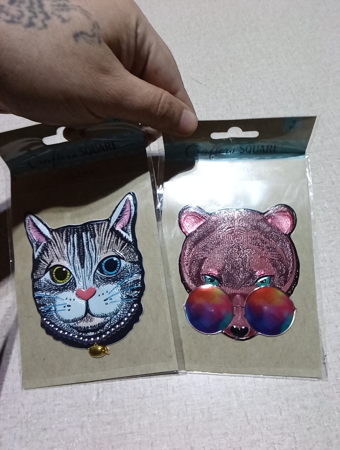 Crafters Square Textured Stickers Pink Bear & Cat Odd Eye Heterochromia 3D Large
