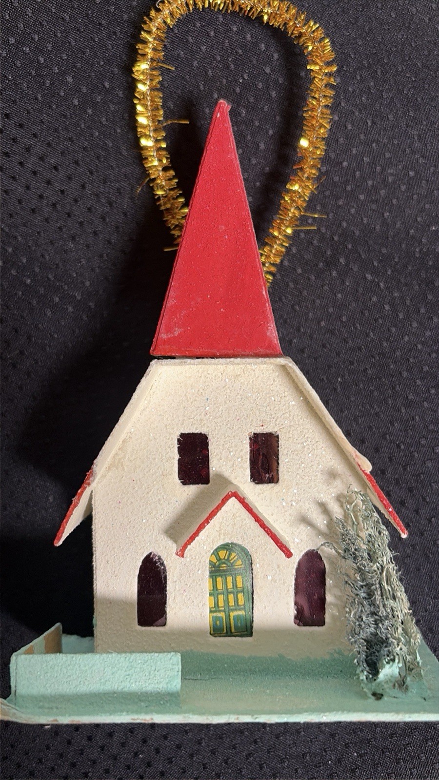 Vtg 50s Putz Church Christmas Ornament~Light Cover~with Sisal Tree~ Japan~