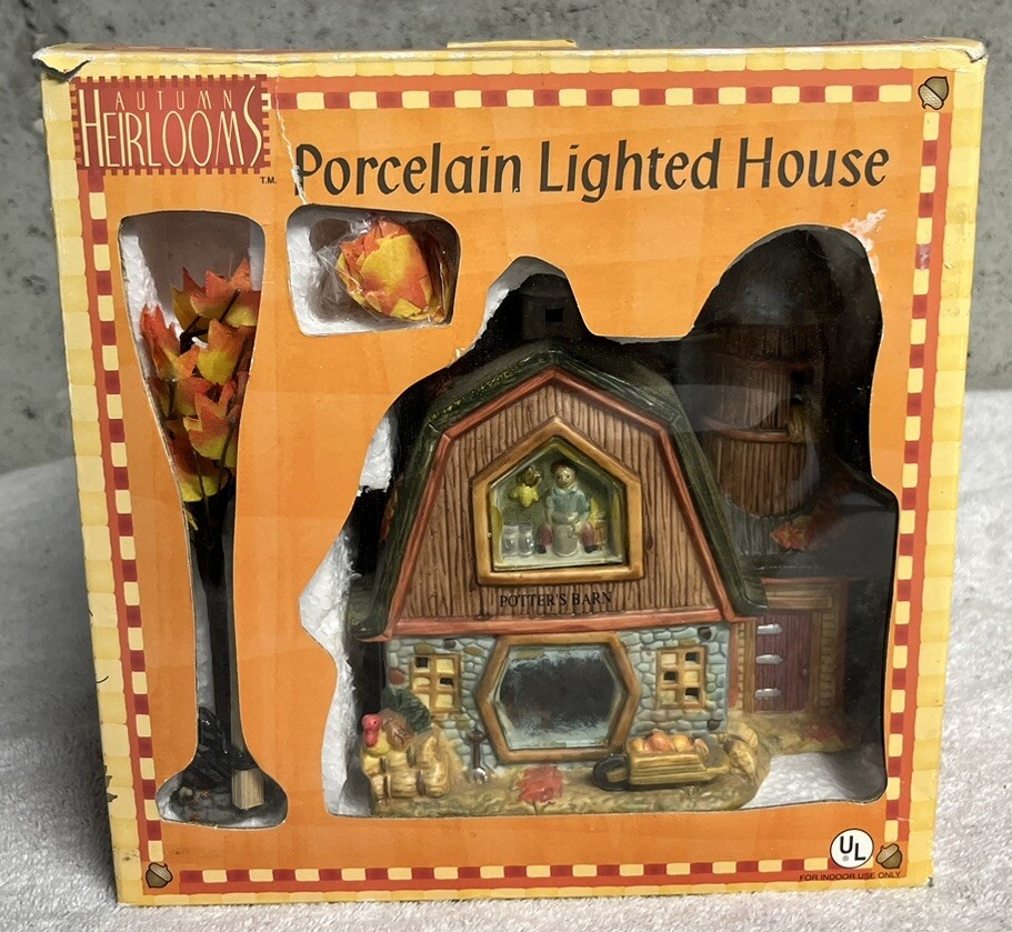 Autumn Heirlooms Porcelain Lighted House POTTERS BARN w/ Tree & Leaves