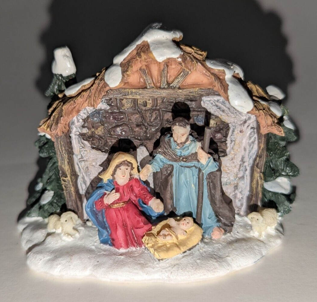 Christmas Village Nativity Scene Mary Joseph Baby Jesus Sheep In Manger Figurine
