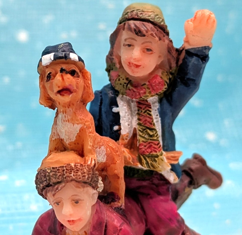 St Nicholas Square dog children sledding Christmas Village Figurine LOOSE INV645