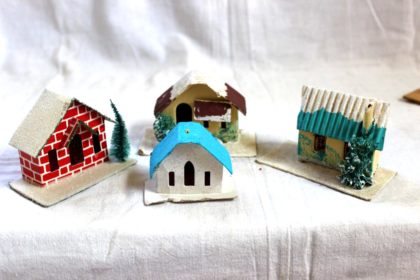 4 Vintage Christmas Putz brick Teal Yellow tree House Train Display Mica Japan