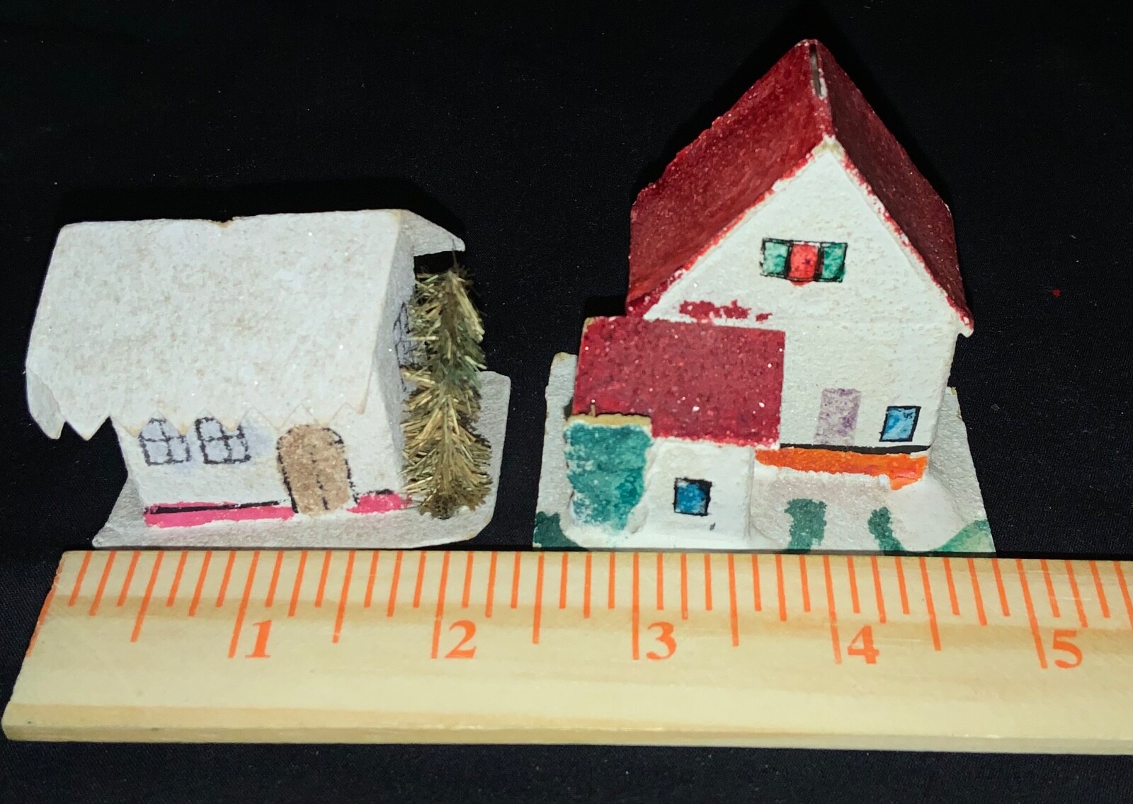 VINTAGE! JAPANESE RETRO TINY PUTZ ORNAMENTS – PAIR GLITTER HOUSES!