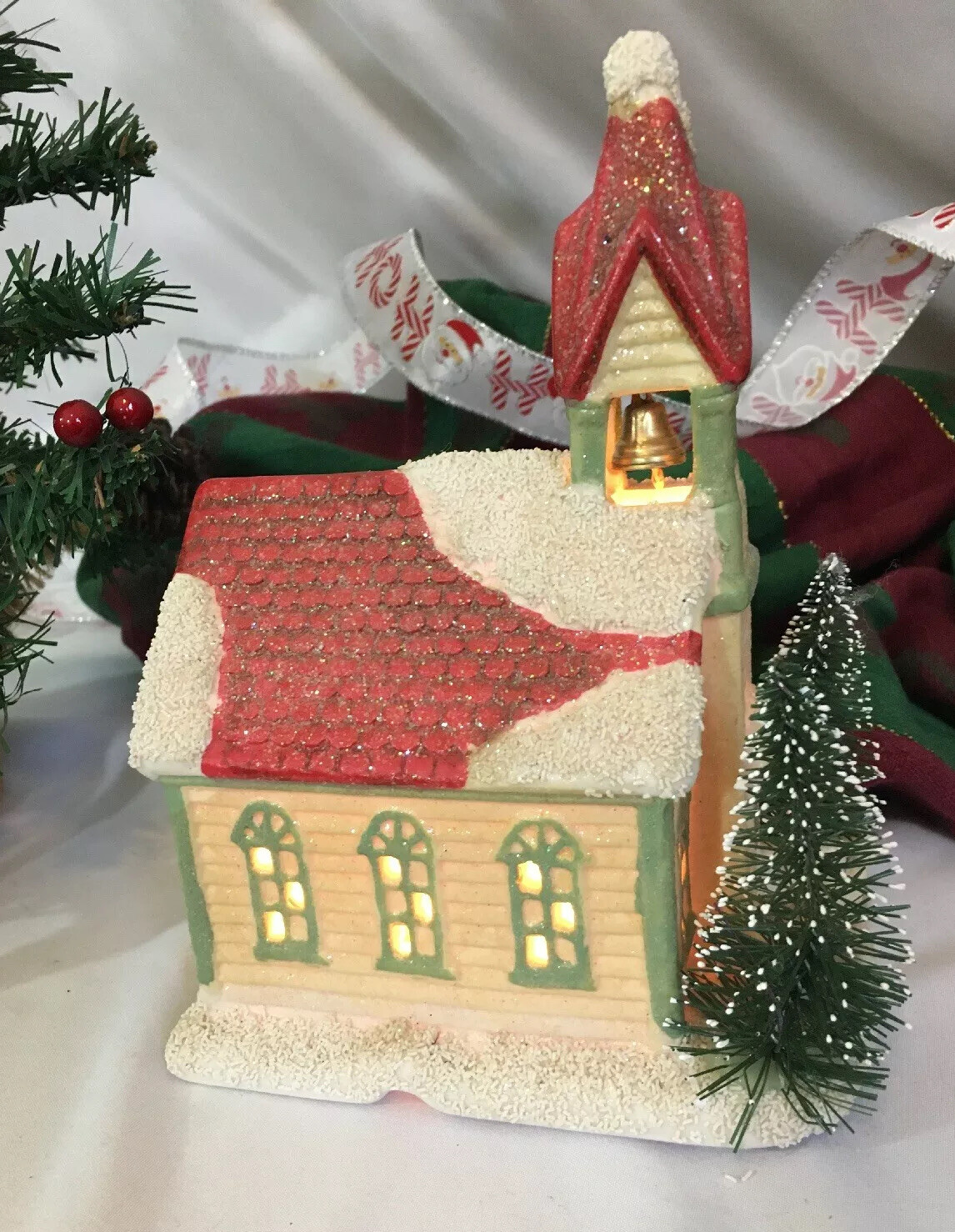 Christmas Light Up Village Church With Bell In Steeple 8X 5 1/2” Sugared Look