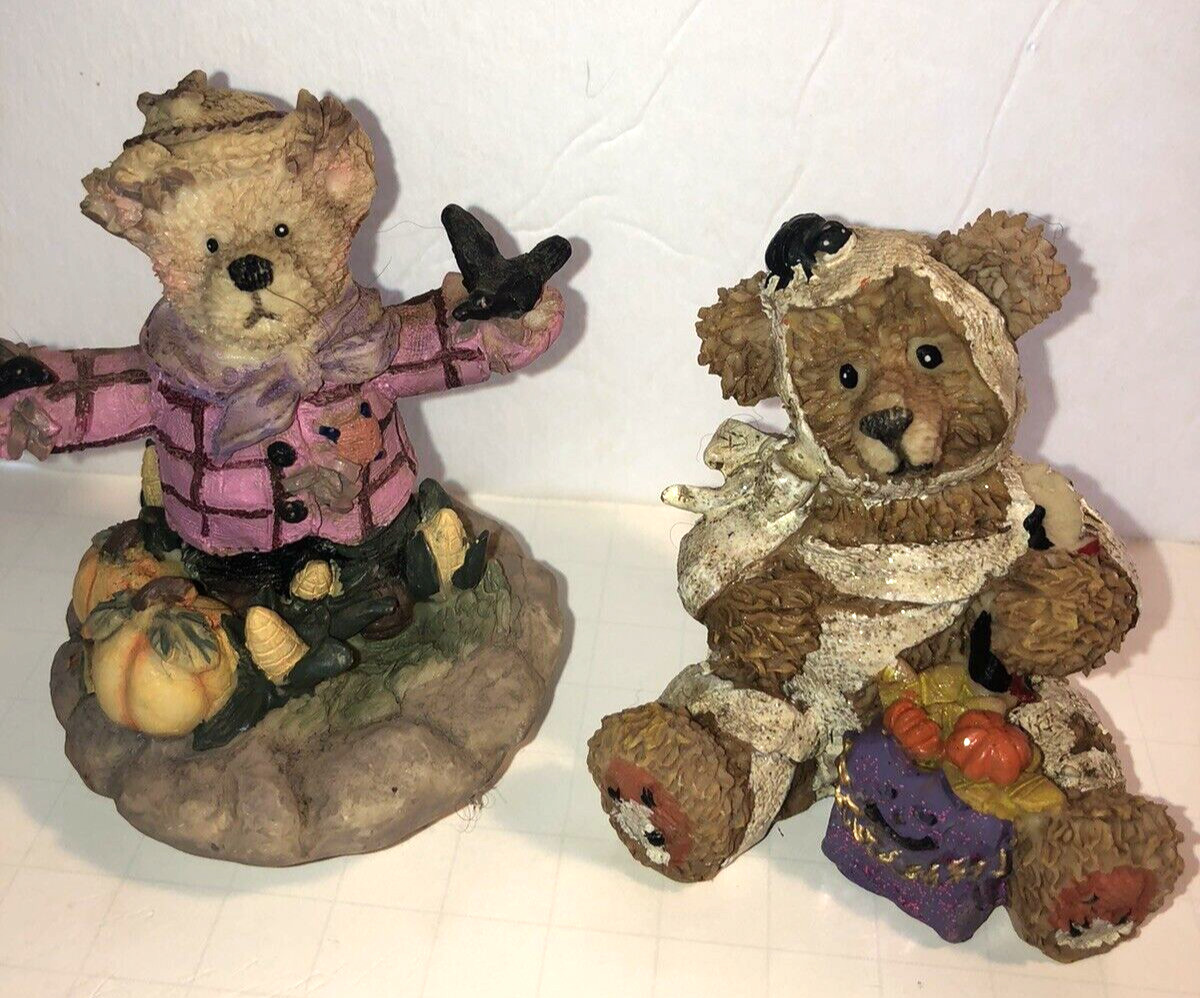 Vintage Bear With Pumpkin Collection Halloween Figurines Lot Of 2 Fun Fall Decor