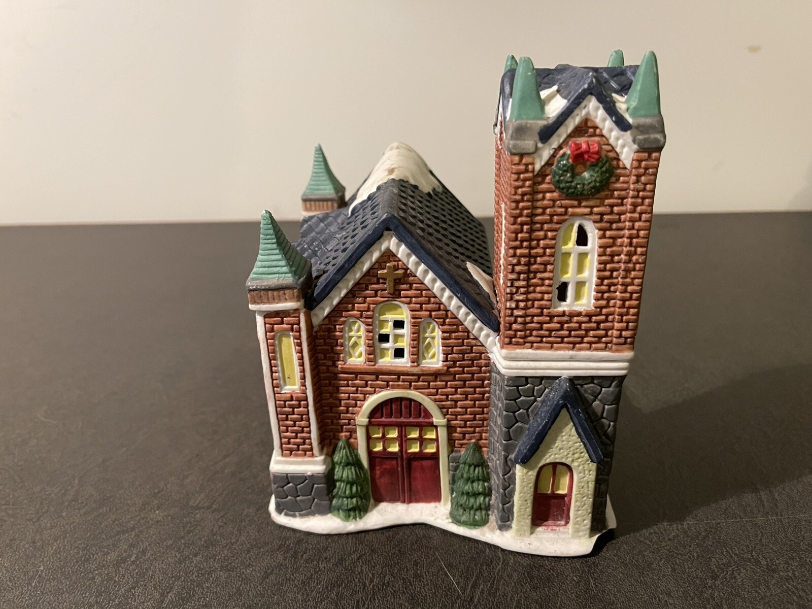 1995 TRIM A HOME Christmas Village Brick Church With Blue Roof and Snowy Details