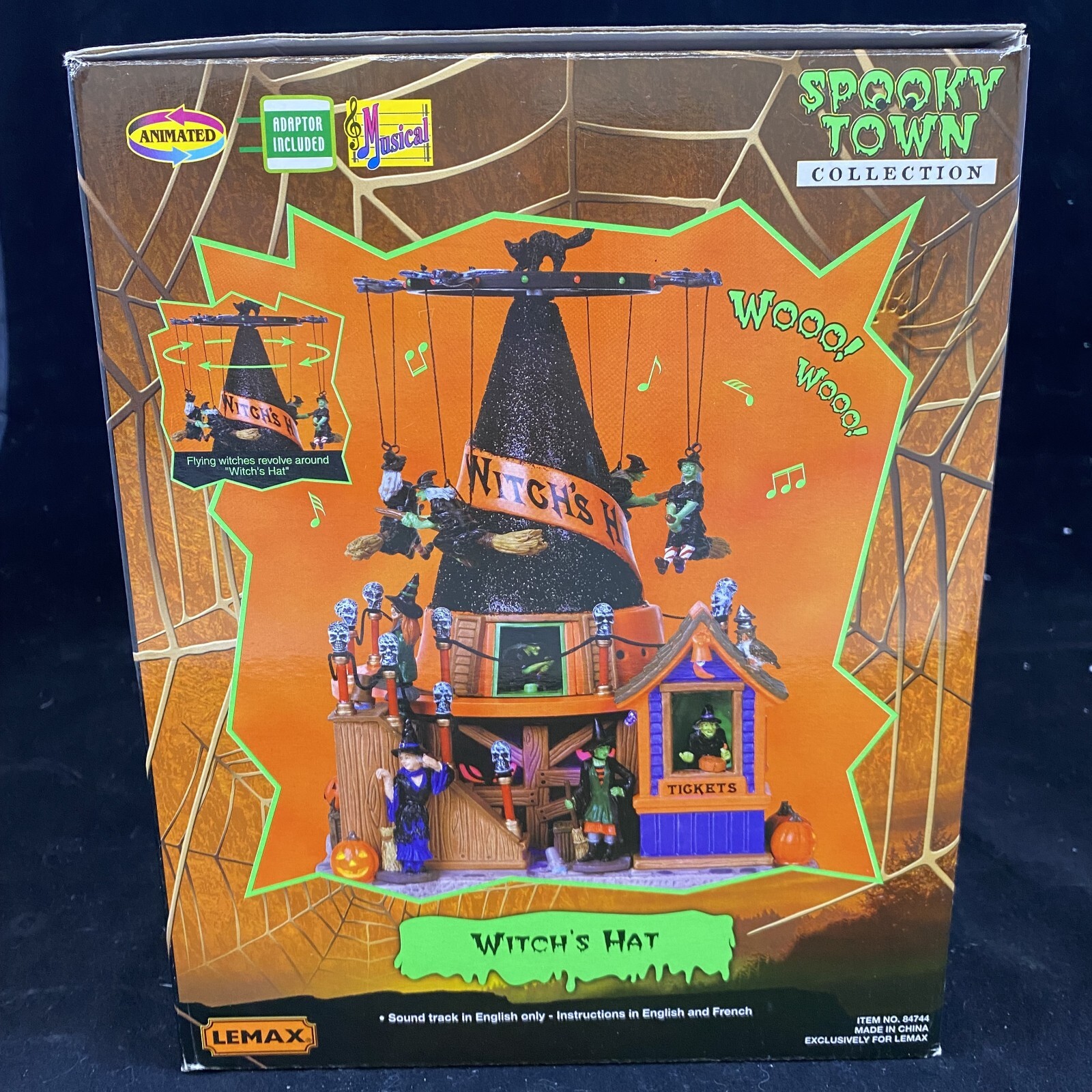 LEMAX SPOOKY TOWN WITCHES HAT CARNIVAL RIDE & LOW FLYING SIGN ANIMATED MUSICAL