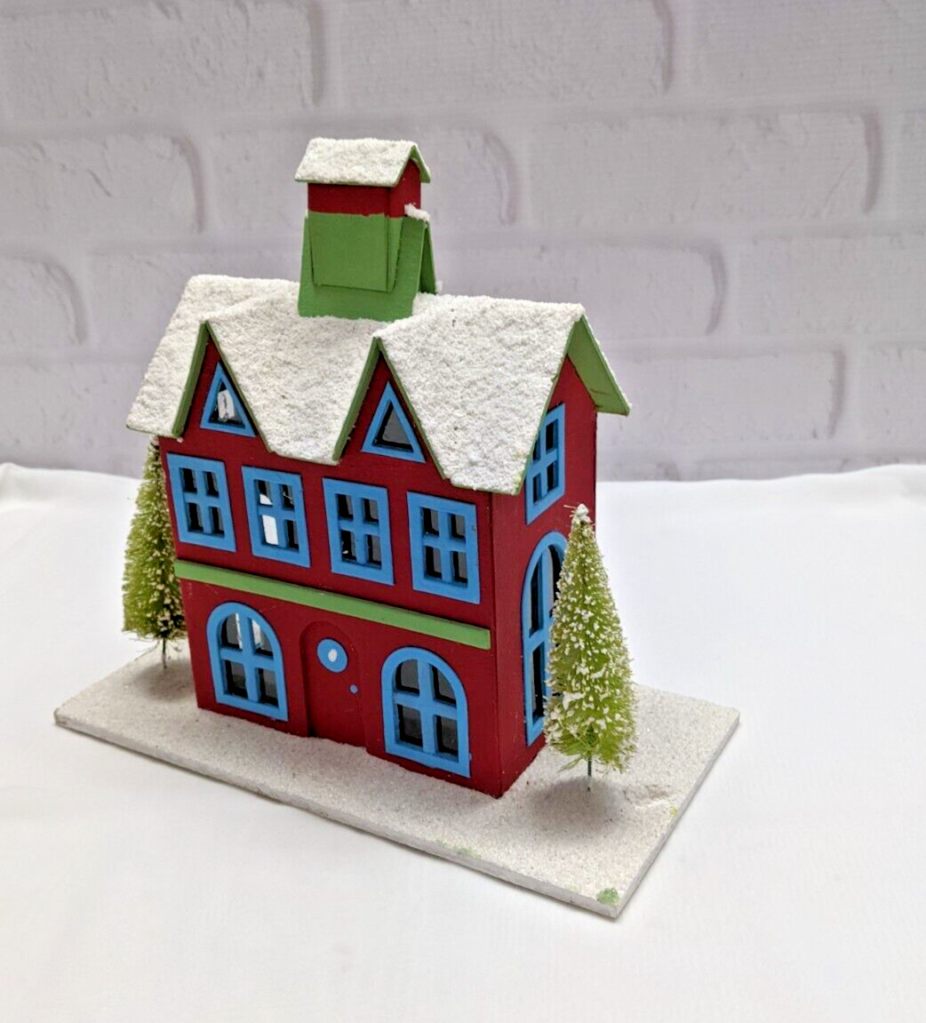 Pottery Barn Christmas Village Decor Red House Small Chimney Tree Snow Roof