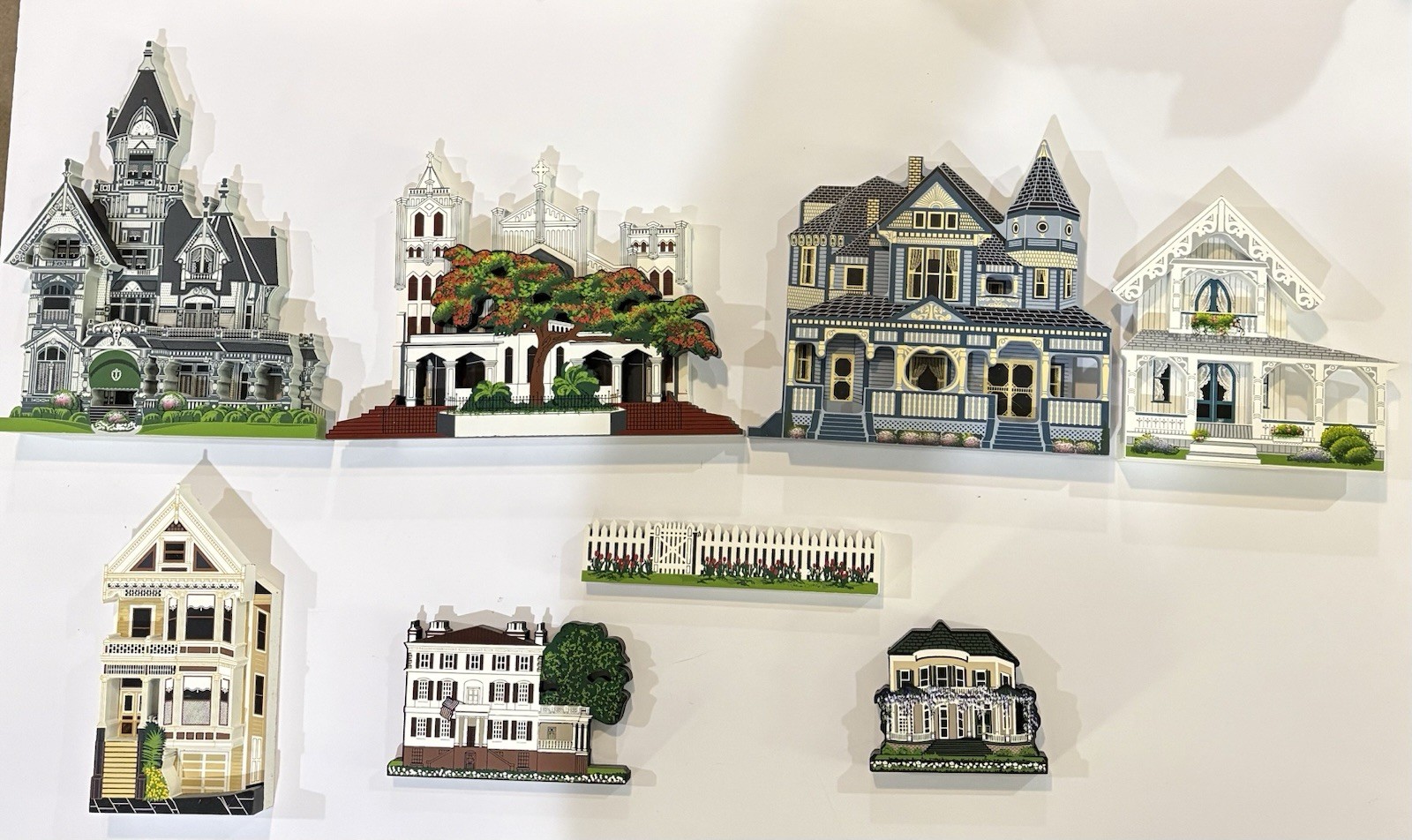 SHELIAH’S COLLECTIBLES PAINTED WOODEN VICTORIAN HOUSES~CHURCH~LOT OF 8 PIECES