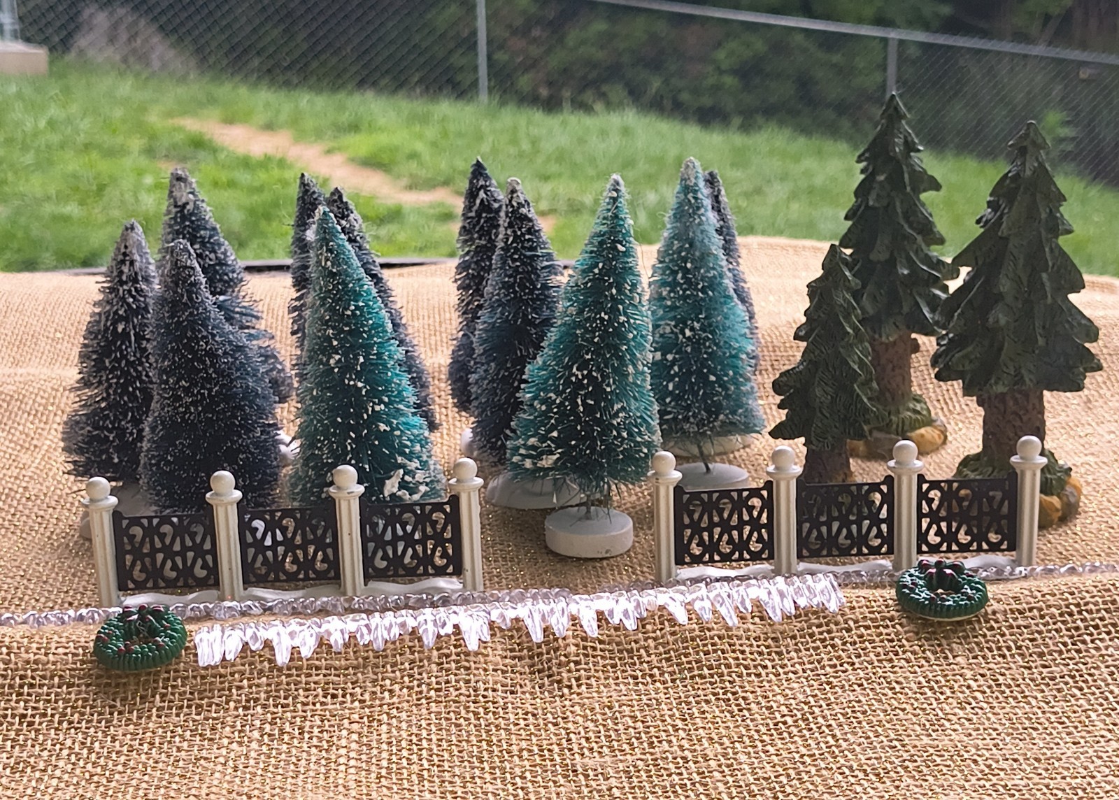 Christmas Village Accessory Bundle Lot Bottle & Resin Trees Metal Fence Icicles
