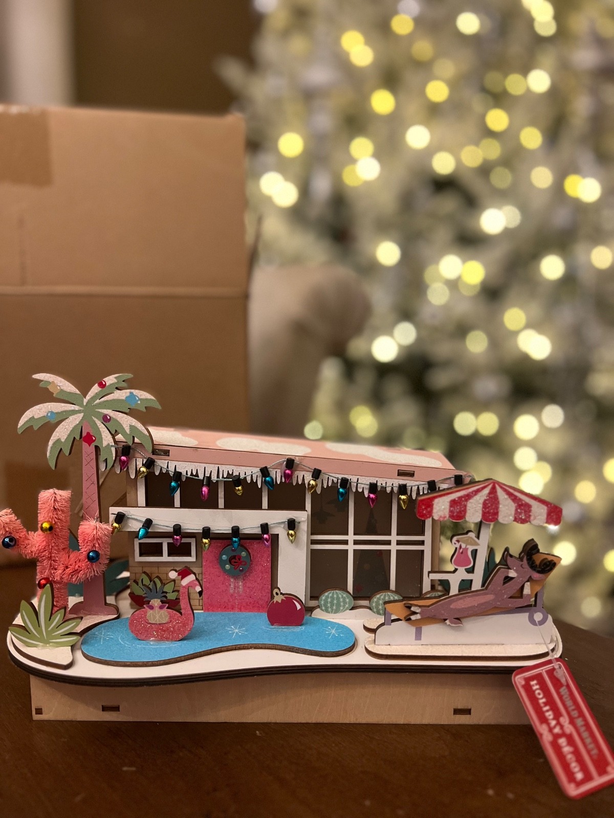 World Market Laser Cut Wood Mid Century Pool House LED Christmas House
