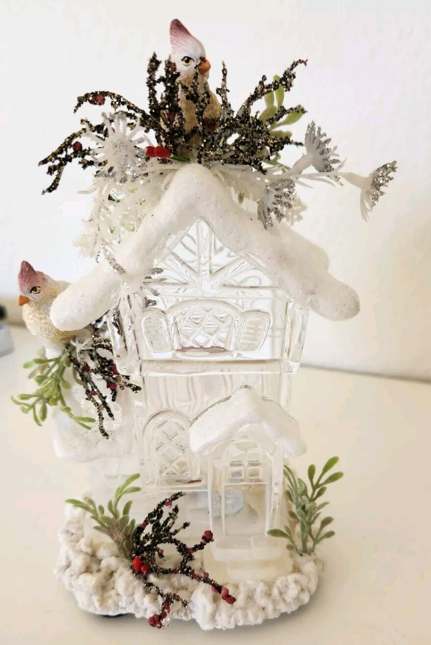 Icy Christmas Forest House Snowy House 3 Color Illumination Figurine 6.8 Inches