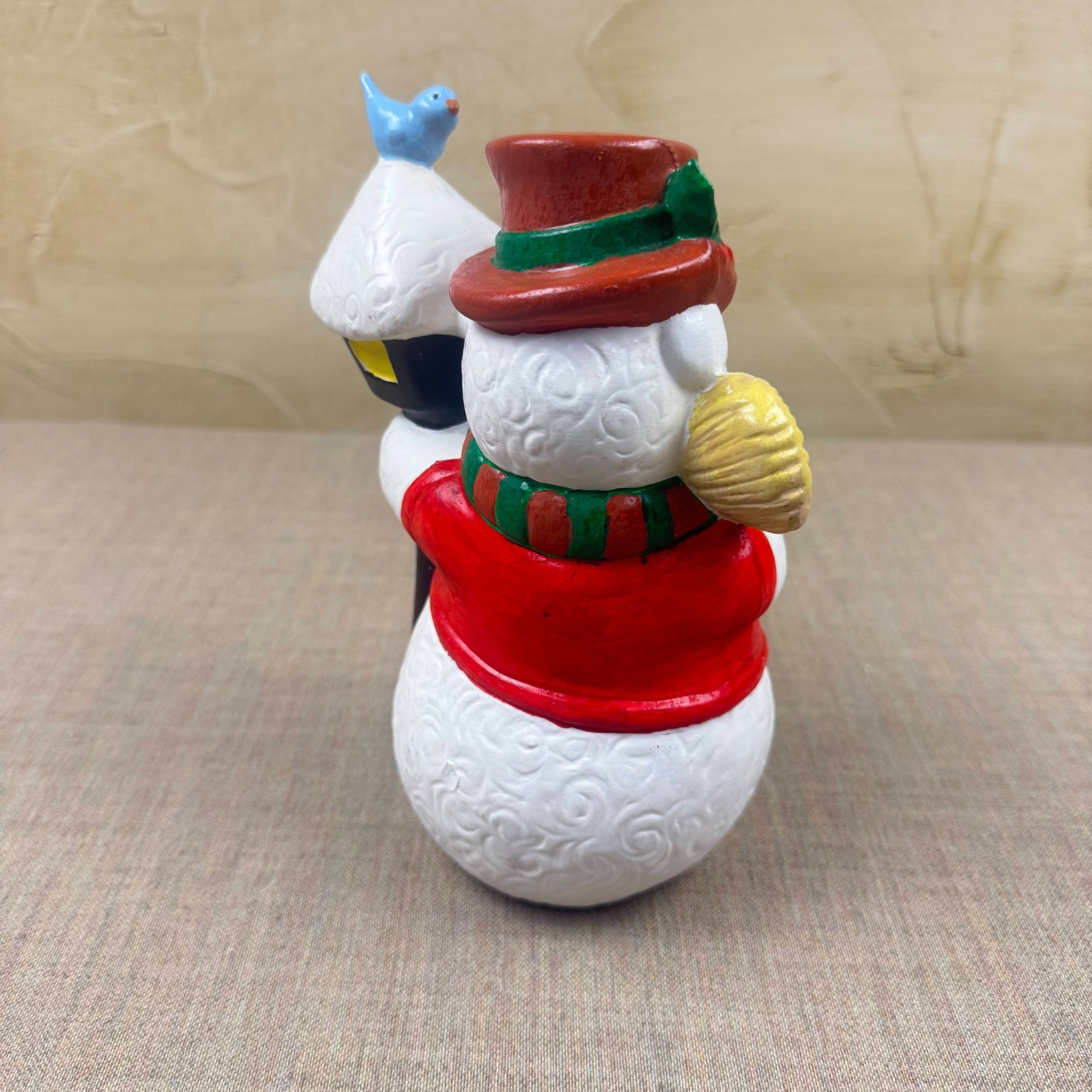 Vintage Snowman Figurine with Lamp Post & Bluebird – Bright Hand-Painted Christm