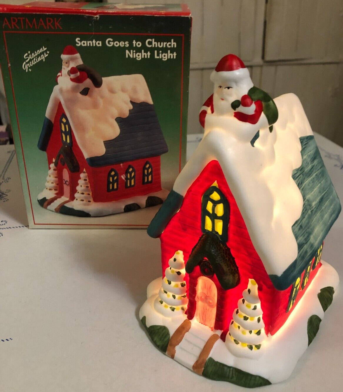Merry Christmas Santa Goes to Church w Snow on Roof Lighted with 4′ Switch Cord